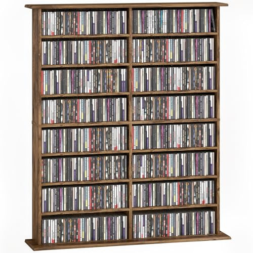 HOMCOM Rangements pour CD et DVD 106,5x24x126,3cm Brun Rustique | Meuble de Rangement Multimédia, Capacité 720 CD/396 DVD et Blu-ray, 16 compartiments, 12 Étagères Réglables, Salon, Chambre