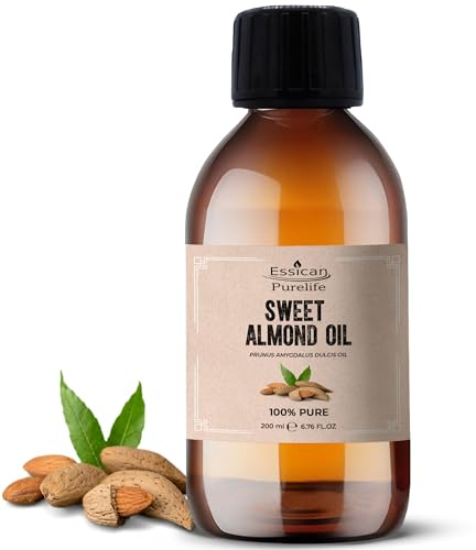 Essican Purelife, Pure Sweet Almond Oil for Hair, 200ml Cold Pressed Almond Oils for Massage, Carrier Oil for Essential Oils Mixing Ideal for Massage, Moisturising Face, Skin, Ear, Body, Cruelty-Free
