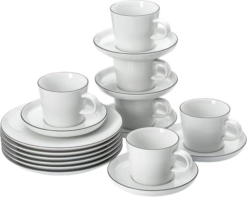 Thomas Cucina-Basic, Colori Black, weiss mit schwarzen Rand, Set 18-tlg., Frühstücksteller, Kombi-Tassen & Untertassen, spülmaschinen- & sikrowellenfest, schlichtes Design - ästhetisch und funktionell