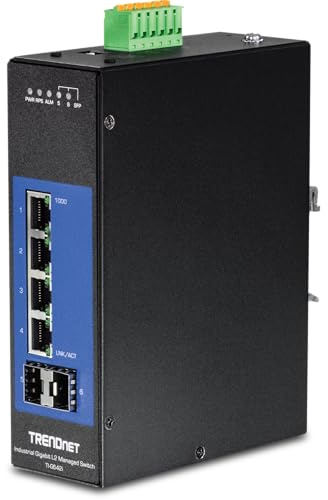 TRENDnet, TI-G624I, Switch industriale Gigabit L2 gestito su guida DIN a 6 porte, 4 porte Gigabit, 2 slot SFP, montaggio su guida DIN, IP30