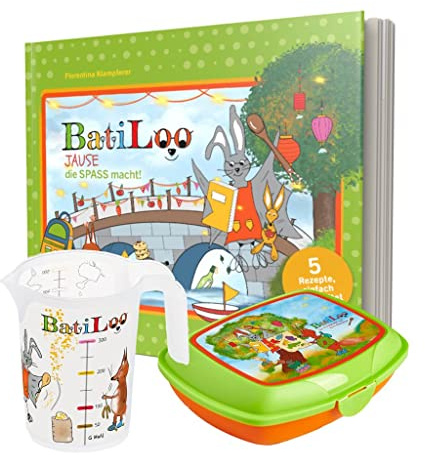 Das BatiLoo Set für Oster-Back-Häschen! Kinderleicht backen lernen! Für Ostern und das ganze Jahr ein Geschenk! Mit vielen Rezepten, Illustrationen, Abenteuergeschichten, 1 Messbecher + 1 Brotdose!