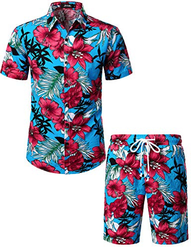 JOGAL - Camicia hawaiana da uomo, stile casual, a maniche corte, con stampa floreale, azzurro, S
