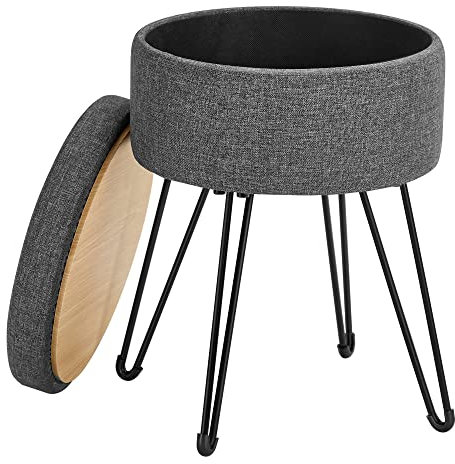 SONGMICS Sitzhocker, runder Hocker mit Stauraum, Aufbewahrungsbox mit Deckel, Schminkhocker, 39 x 44,1 cm (Ø x H), Metallbeine, gepolsterter Sitz, Wohnzimmer, Schlafzimmer, schiefergrau LOM002G01