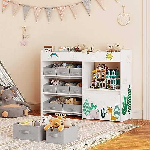 HOCSOK Spielzeugregal, Kinderregal mit 10 Stoff Aufbewahrungsboxen, Bücherregal, Spielzeugkiste auf Rollen, Spielzeug-Organizer im Kinderzimmer, Weiß