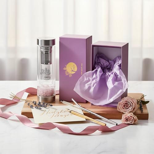 Ojasvit Tea Infuser Bottle - 12oz Double Wall Glass Tumbler with Stainless Steel Filter & Rose Quartz Crystal - Leakproof with Straw