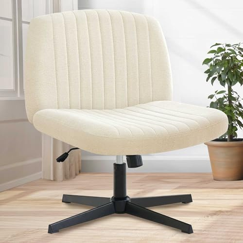 Orange Factory Criss Cross Chair No Wheel Wide Cross Legged Office Desk Vanity Chair Comfy Fabric Armless Adjustable Swivel for Home Computer Task (Beige No Wheel, Classic Fabric)
