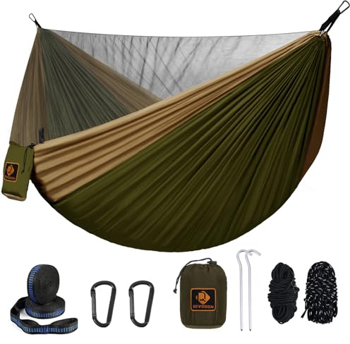 Camping Hammock, Portable Hammocks with Mosquito Net,Lightweight Nylon Parachute Hammock with 10ft Tree Straps,Camping Gear Must Haves for Travel Hiking Backpacking Beach Patio-Green&Khaki