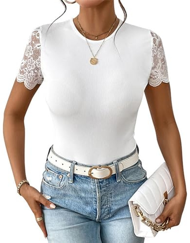 Body Senza Schienale, Body Senza Schienale con Maniche in Pizzo, Girocollo per l'estate per Donna (L)