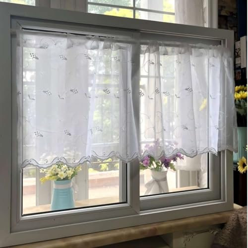 Vordesack Voile Küchengardine mit leichtem Glanz Zarte Stickerei Blumen transaprente Scheibengardine mit Stangendurchzug 1 Stück Weiß HxB 80x145cm