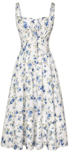 Scarlet Darkness Women's Floral Midi Dress Corset Sundresses 2026 Summer Spring Vacation Milkmaid Dresses White Blue M