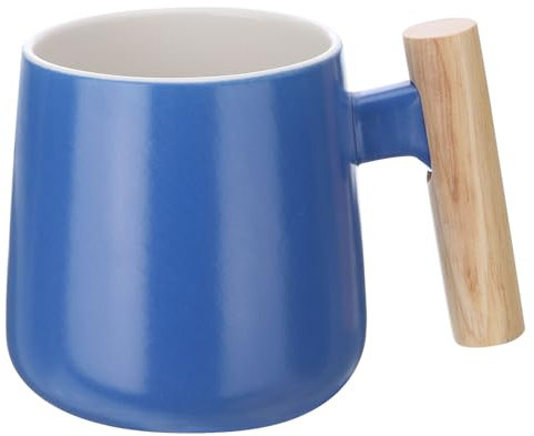 QUARKZMAN Taza de Café de Cerámica de 12.85 Oz con Asa de Madera Simple, Taza de Té de Cerámica Hecha A Mano para Café con Leche, Té, Sopa para Oficina, Hogar y Regalos, Azul