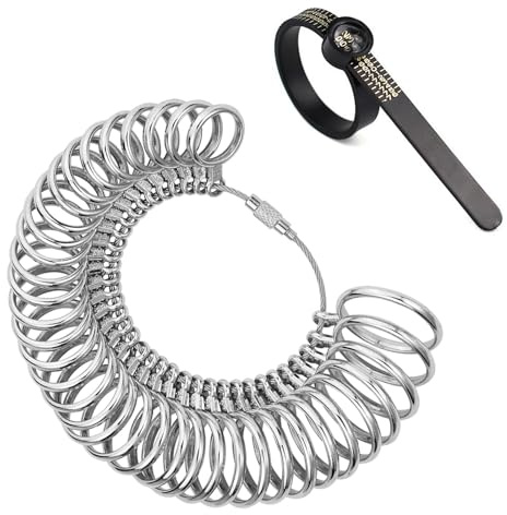 Juego de herramientas de medición mejoradas para anillos de metal, 36 piezas de acero inoxidable, tamaño 41 – 76 y anillo reutilizable 41 – 76 con lupa, talla única, Metal