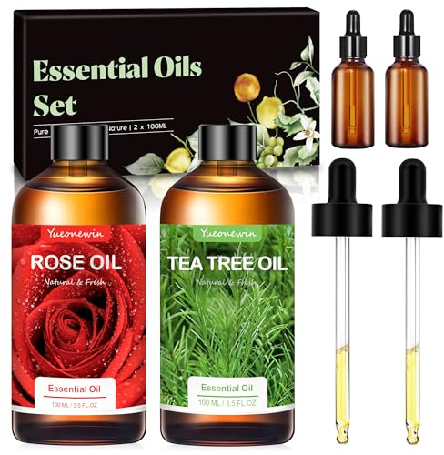 Coffret d'huiles essentielles avec huile de rose (100 ml) et huile d'arbre à thé (100 ml), huiles essentielles pures pour diffuseurs, aromathérapie, bougies, spa, cadeaux pour femmes
