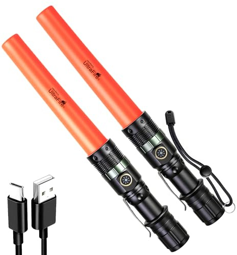 UltraFire Torcia a LED ricaricabile con bastone segnaletico, 500 lumen, zoomabile, 3 modalità, USB-C, per controllo del traffico, aeroporto, campeggio, emergenza, UF-303X (confezione da 2)