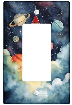 Rocket Single Rocker Light Switch Cover, Space Fanciful Planets Clouds N/a Blue Plastic Standard Size Accents Wall Switch Plates for Bedroom Bathroom Kitchen Entrance Decor