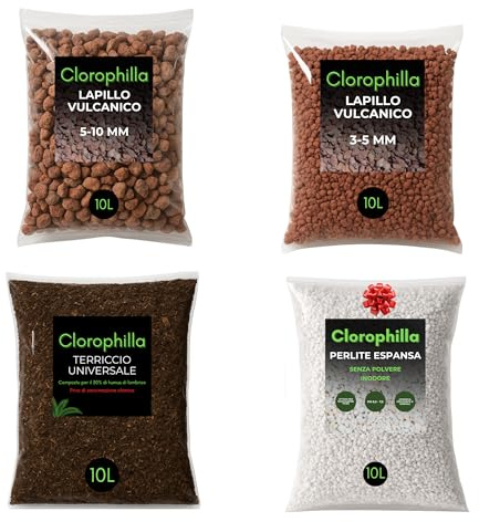 Kit Rinvaso Piante Clorophilla–Lapillo Vulcanico 5–10 mm 10L+Lapillo 3–5 mm 10L+Terriccio Universale con Humus 10L+Perlite 10L Inclusa – Substrato Drenante per Piante da Interno e Tropicali (10L X4)