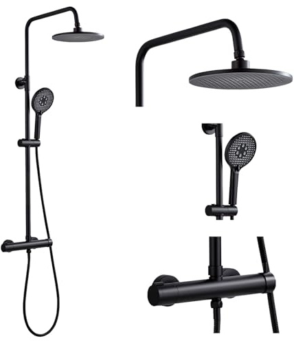 Duschsystem mit Armatur Schwarz, Duscharmatur Komplettset ohne Thermostat aus Messing Höhenverstellbar 80-117cm, Duschamaturenset Runden mit 23 cm Regendusche, 3 Strahlarten Handbrause, Duschset