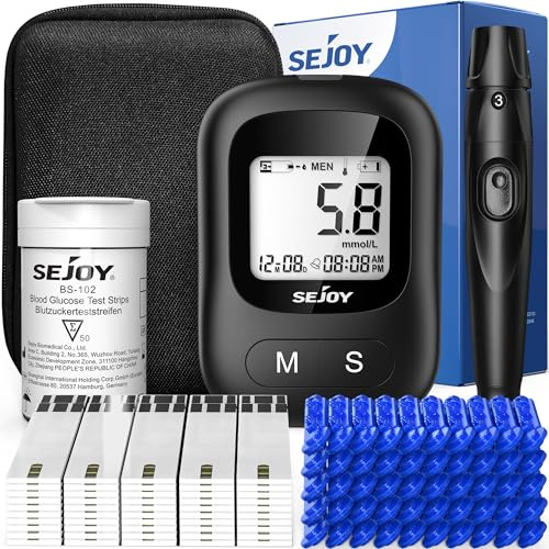 Sejoy Blood Sugar Monitor –Insert Strip to Test Glucose Monitor | 50 Test Strips &50 Lancets, No coding,Portable Diabetes Testing Kit for Home and Travel