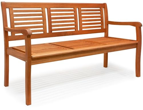 CASARIA® Banco de Jardín Madera Eucalipto con Reposabrazos Respaldo Certificación FSC® Capacidad Carga 480KG Mueble Exterior Terraza Balcón Resistente Intemperie 153x60cm Marrón