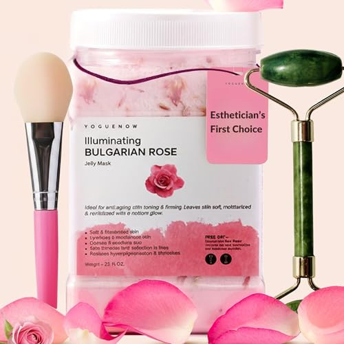 VogueNow Jelly Face Mask- Bulgarian Rose Jelly Mask With Free Jade Roller & Spatula Professional Jelly Masks Vajacial Jelly Mask Powder 23 Fl Oz Jar Face Mask Skin Care 3 Piece Set