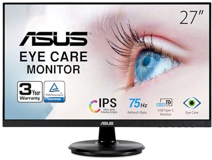 ASUS 27” 1080P Monitor (VA27DCP) - Full HD, IPS, 75Hz, USB-C 65W Power Delivery, Speakers, Adaptive-Sync/FreeSync, Eye Care, Low Blue Light, Flicker Free, VESA Mountable, Frameless, HDMI,Black