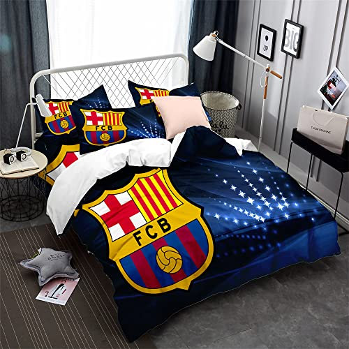 CHAOSE-DEB Bettwäsche-Set Fußballmannschaft FC Barcelona Bettbezug Komfortabel Junge Mädchen 3 Stück Weiß Schwarz Bettwäsche-Set 50x75cm Kissenbezug Mikrofaser (Muster 06,135 x 200 cm)