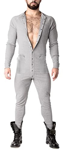 Muscle Alive Uomo Tuta Intera da Manica Lunga Men in Tutina Henley in Cotone Elasticizzato Super Confortevole Grigio L