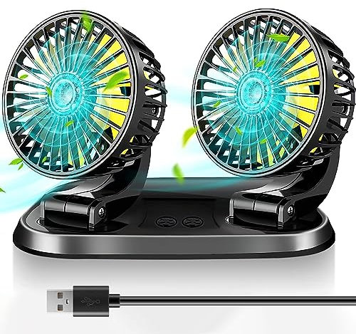 USMEI 12V/24V Ventilator Auto Ventilator, Doppelköpfiger Ventilator Auto mit 3 Speed, Vertikal und Horizontal Einstellbar 360-Grad-Drehung, USB Auto Ventilator für LKW Van SUV RV