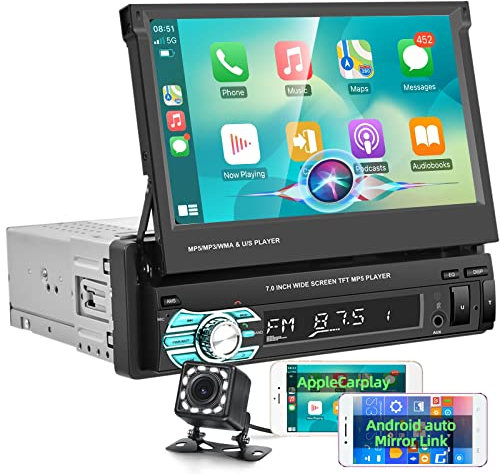 Single Din Carplay Car Radio Stereo with Android Auto, Rimoody 7 Inch 1 Din Flip Out Touch Screen Bluetooth Car Radio FM Radio TF/USB/AUX Mirror Link + Backup Camera