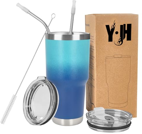 Y·J&H 30oz (850ml) Travel Tumbler Double Wall Vacuum Insulated Coffee Mug Stainless Steel Coffee Cup with 2 Splash Proof Lid, 2 Straws & Free Cleaning Brush, BPA Free - Turquoise&Blue