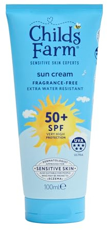 Childs Farm Kids & Baby Sun Cream SPF 50+ | UVA & UVB Very High Protection | Extra Water Resistant | Fragrance Free | Suitable for Dry, Sensitive Skin, 100ml