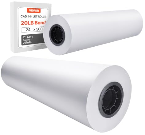 VEVOR Vitt ritpapper rulle stort format 610 mm x 152,4 m, 2 rullar CAD-plotterpapper, 76,2 mm kärna, för ingenjörsplaner, GIS-kort, arkitektoniska mönster