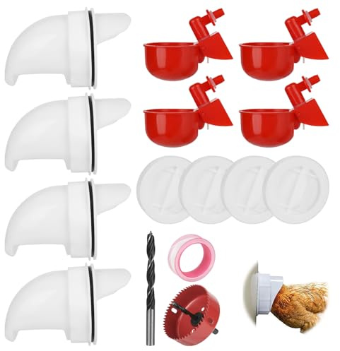 Automatic Chicken Feeders Drinkers - 4 Pcs Poultry Feeder 4 Pcs Chicken Water Dispenser with Drill Chick Feeder No Waste Rodent Rain Proof Poultry Waterer Set for Buckets Barrels Bins Chicken Duck
