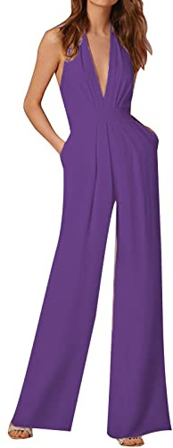 Byxdress dam elegant festlig | jumpsuit dam kort sexig | onepiece sommar overall ärmlös kvällshållare sparkbyxor med fickor vida byxor enfärgad sparkbyxor avslappnad bekväm bodysuit, lila, M