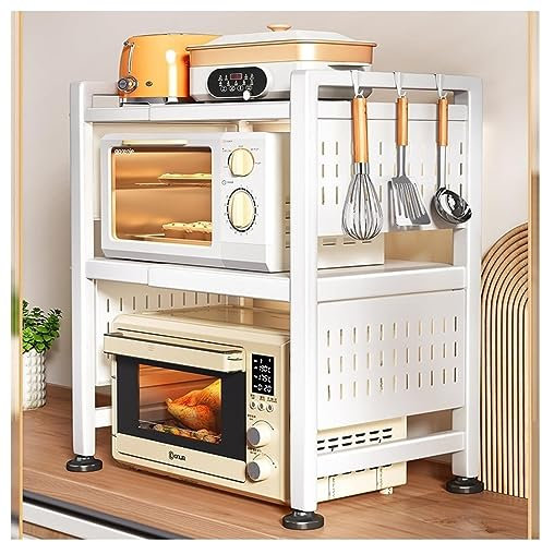 Soporte ajustable para microondas para cocina, color blanco, estante para horno microondas con estantes de especias, estante para tostadora para almacenamiento en encimera