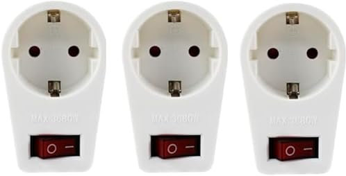 Mehrfachsteckdose, 3-Fach Steckdosenadapter mit Schalter, 1x Schuko (16A / 230V) und 2x Euro (2,5A / 230V), 2 Stücke, MAX.3680W, weiß