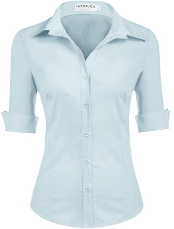 HOTOUCH Womens Blouses 3/4 Sleeve Cotton Shirt Ladies Office Shirts Basic Fitted Blouse V-Neck Short Sleeve Top Light Blue M