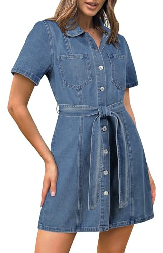 Jeansklänning dam sommar, kortärmad button down casual elegant denimskjorta klänningar med fickor, Ljusblå, L