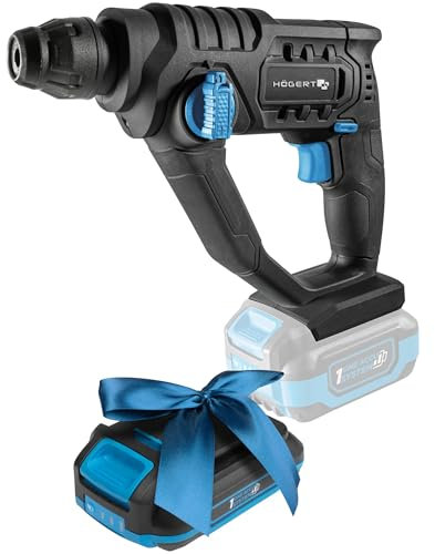 HÖGERT TECHNIK Taladro percutor inalámbrico de 18 V, 1,5 J, accionamiento neumático, 5100 IPM, portabrocas SDS+, iluminación LED, ideal para mampostería, madera y metal + batería PROMO de 2,0 Ah