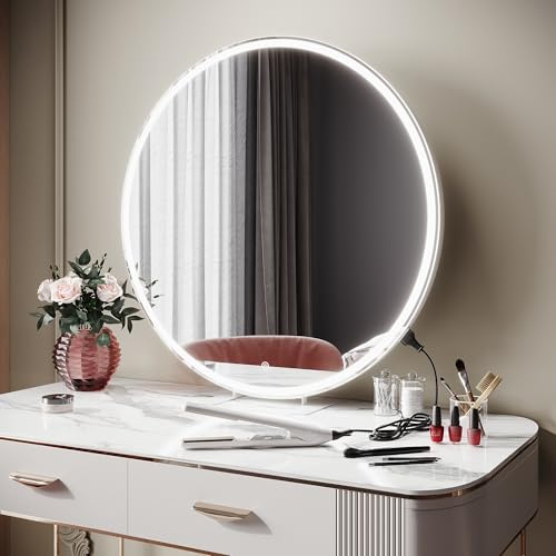 Sirhona - Espejo de maquillaje redondo (80 cm, LED, 3 colores, regulable con memoria, toma integrada, espejo tocador circular, instalación en pared/mesa