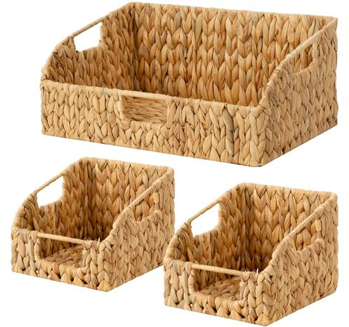 StorageWorks Water Hyacinth Pantry Storage Baskets, Wicker Baskets with Built-in Handles, Handwoven Shelf Baskets for Organizing, Pantry Organizers and Storage, 3 Pack
