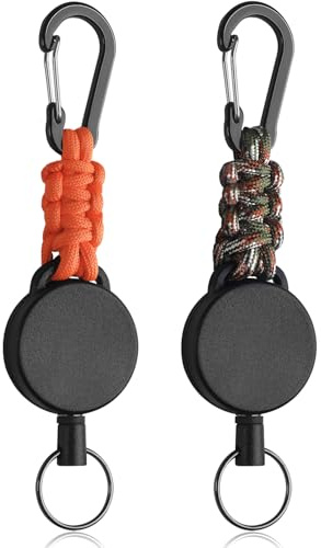 Uniclife 2 Pack Retractable Keychain, Retractable Key Holder, Heavy Duty Badge Reel for Keys and ID Card, Extendable Badge Holder Clip with Carabiner Paracord and Key Ring（Army Green & Orange）
