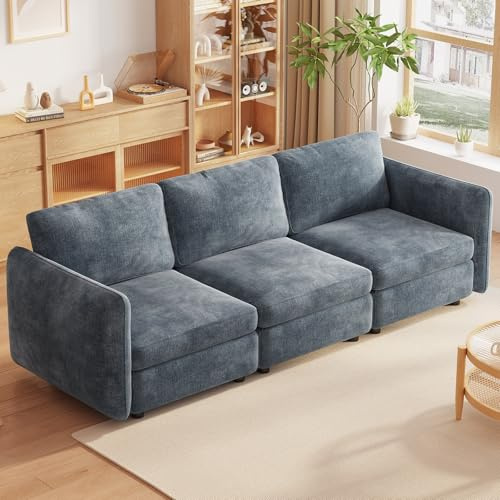Miuuod Canapé sectionnel modulaire 3 places, velours moderne avec housse de coussin amovible et lavable pour petits espaces, cadre en bois massif, largeur 235 cm, bleu clair