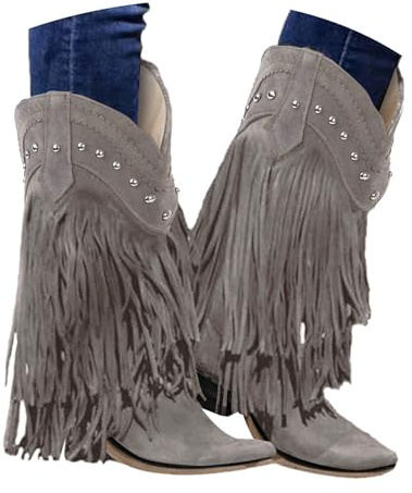 VBEDKDEB Boots - Botas altas para mujer, cómodas, con tacón grueso, punta puntiaguda, con flecos, botas de estilo occidental, botas altas hasta la rodilla, botas negras medianas para mujer, Negro