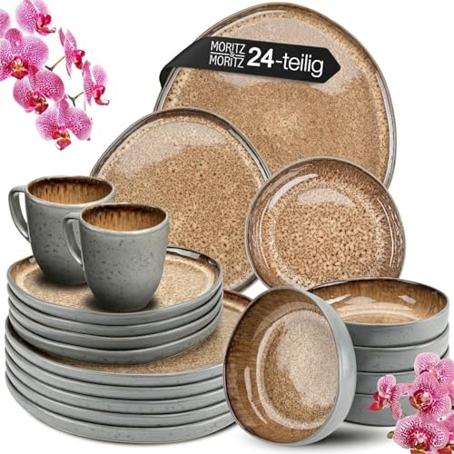 Moritz & Moritz ORGANIC 24-teiliges Geschirrset 6 Personen Beige - Elegantes Teller Set aus hochwertigem Steinzeug - Geschirr Set 6 Personen aus 6x Dinnerteller, Dessertteller, Suppenteller und Tassen