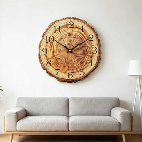 Orologio da parete in legno, 30 cm, a forma di tronco d'albero con anelli annuali, effetto rumore, funzionamento silenzioso, senza ticchettio, orologio al quarzo vintage retrò per soggiorno, camera da