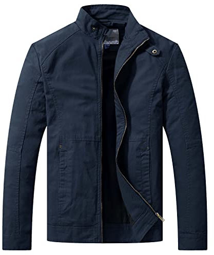 WenVen Men's Casual Cotton Jacket Outdoor Windbreaker Coat Classic Full-Zip Jacket Lightweight Jackets Navy XL