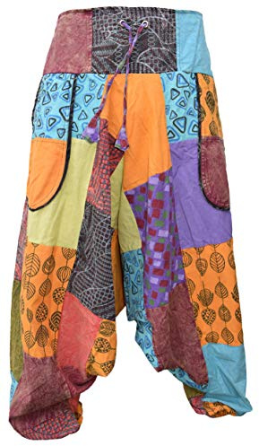 Gheri Pantaloni harem da uomo in cotone di canapa con cavallo basso casual patchwork, Batikprint, L/XL
