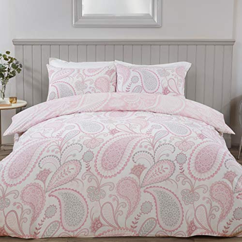 Sleepdown Paisley Floral Blush Pink Reversible Soft Easy Care Duvet Cover Quilt Bedding Set with Pillowcases - Super King (220cm x 260cm)