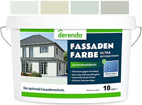 derendo Silikonharz Fassadenfarbe Grün ULTRA Wetterschutz Weissgrün 10 l aussen Fassade Silikonharzfarbe mit Abperleffekt Lotus Blatt Fassadenschutz Schmutzabweisende Silikonharzbeschichtung